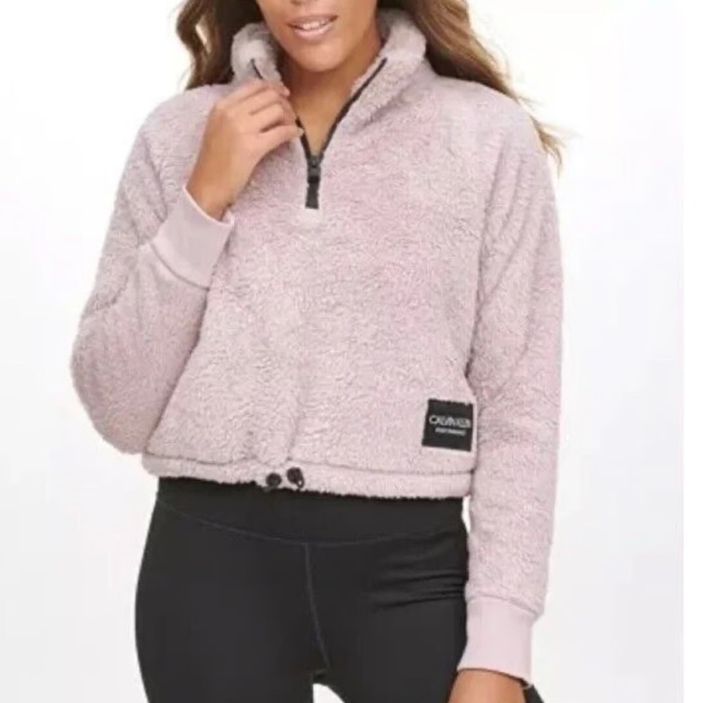 Calvin Klein Dusty Pink Cropped faux fur 1/4 zip pullover EUC XL
